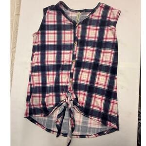 Vintage POMELO USA Large Plaid female top blouse front tie on waist  buttons